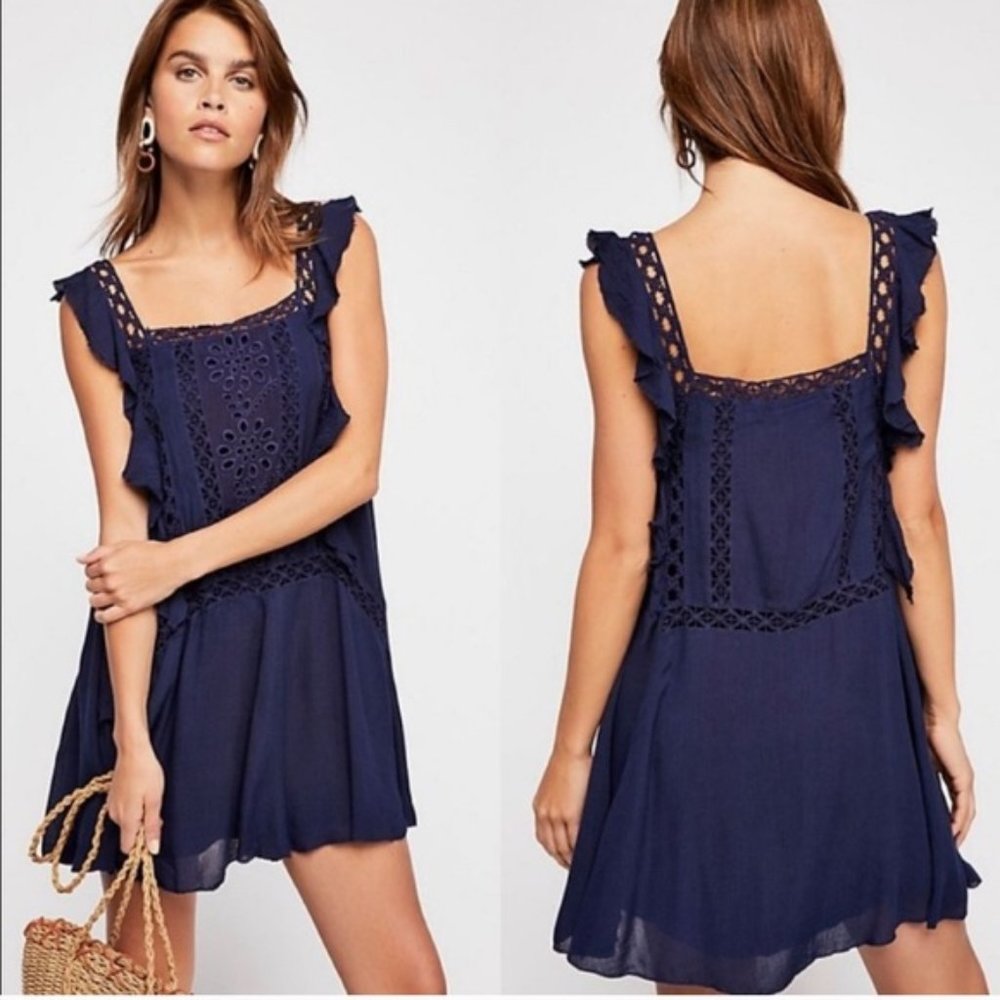 FREE PEOPLE Priscilla Navy Blue Crochet Mini Dress